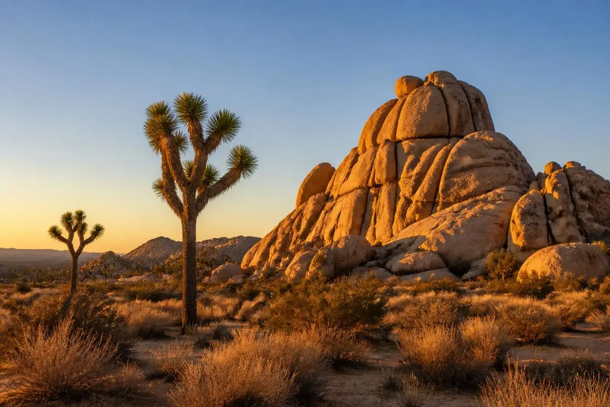 Joshua Tree National Park rock formations and Joshua trees at golden hour