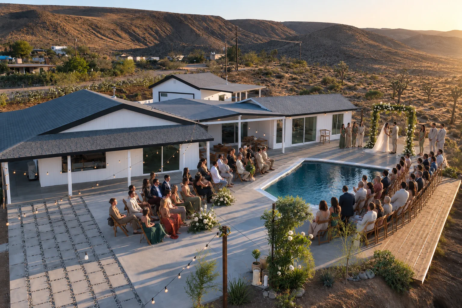 Wedding ceremony set around the pool with guests, floral arch, and desert mountains at sunset