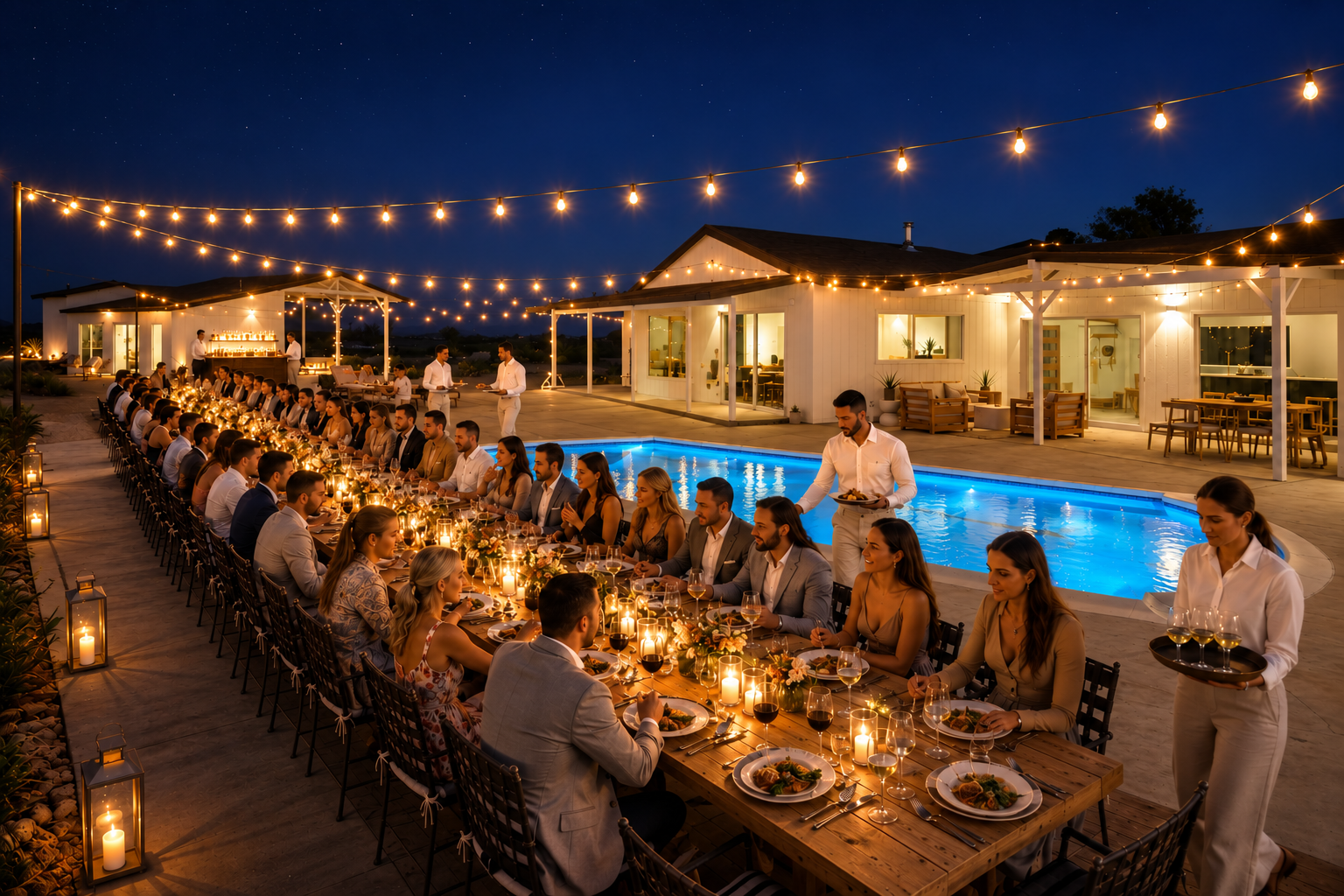 Long candlelit dinner table set beside the pool at night