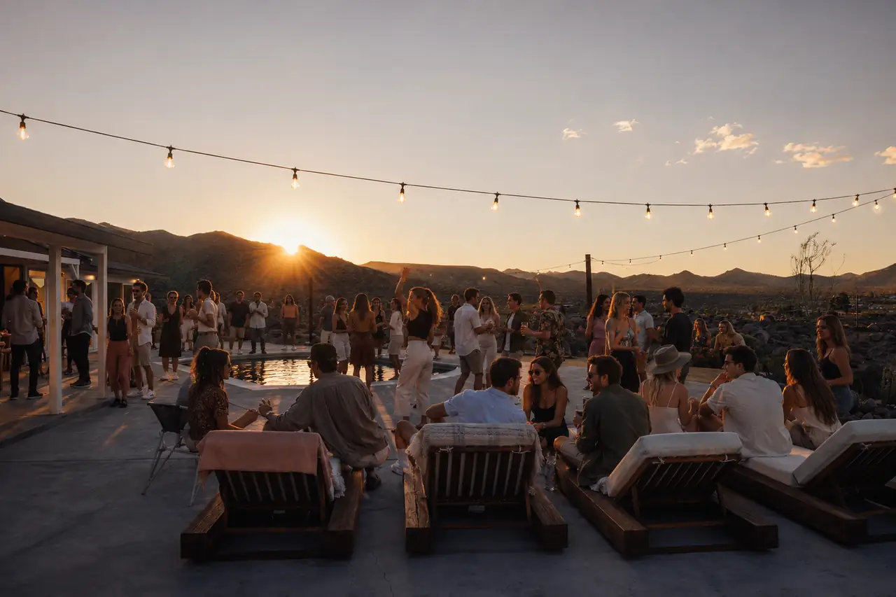 Guests gathered poolside at sunset with string lights