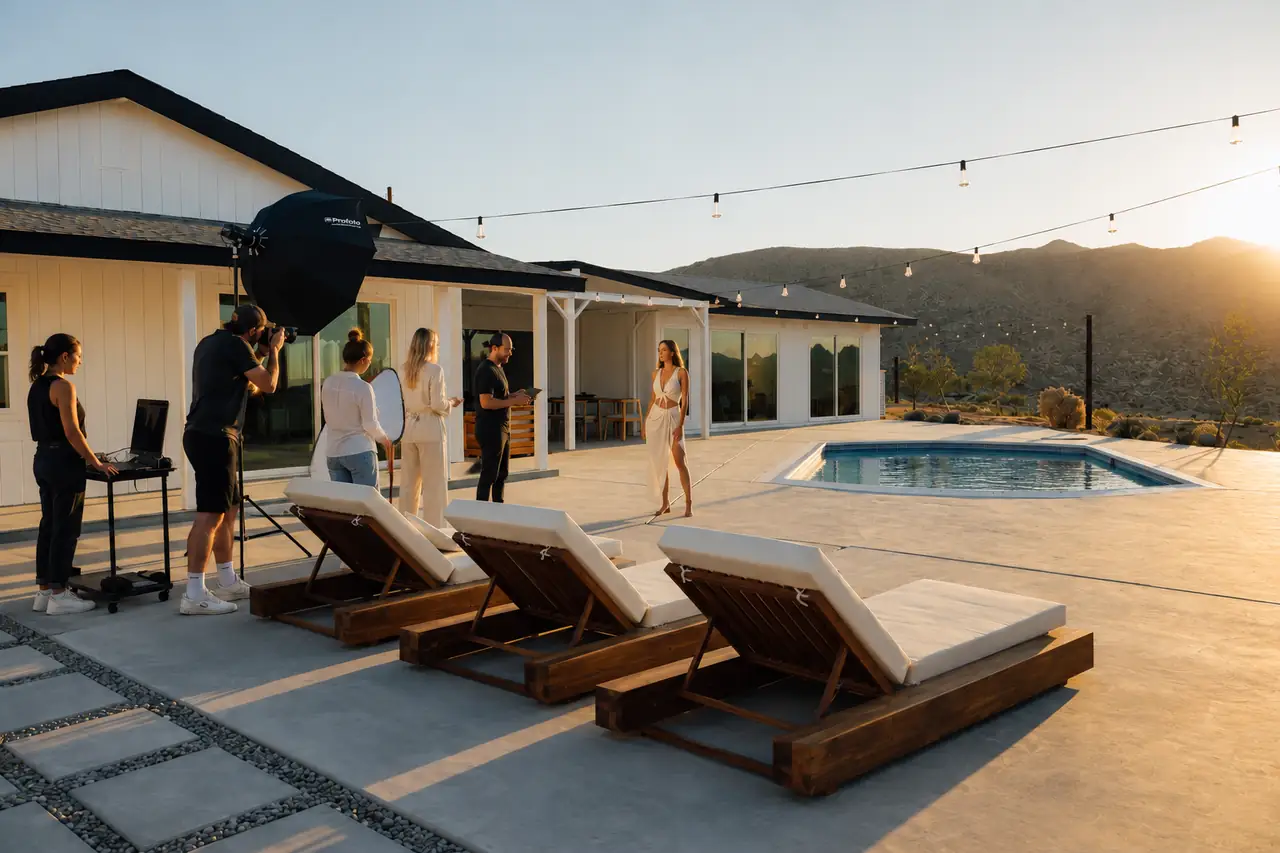 Fashion photo shoot in progress by the pool at golden hour